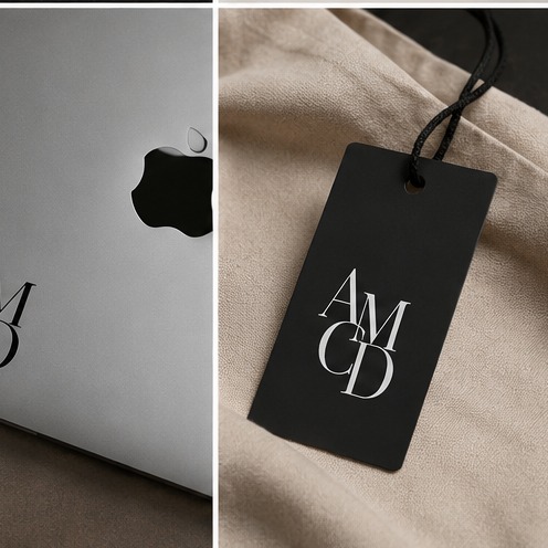 Black AMCD swing tag on natural linen fabric